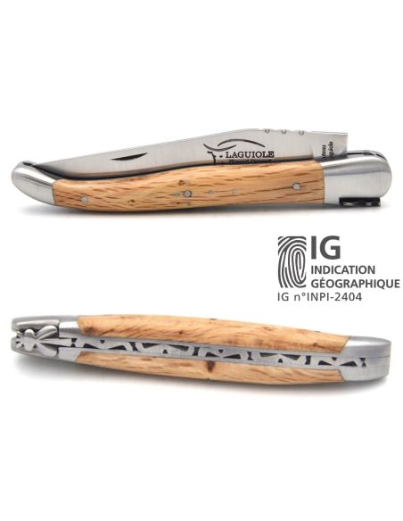 Couteau de Laguiole labellisé indication géographique en chêne vert, manche de 12 cm, lame seule, finition inox mat