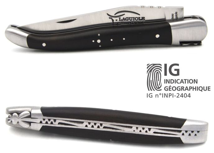 Laguiole knife with Geographical Indication label, 12 cm ebony wood handle, blade only, matt stainless steel finish