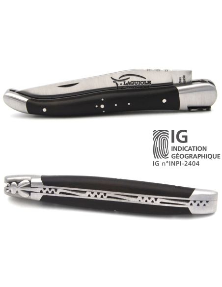 Couteau de Laguiole labellisé indication géographique en ébène, manche de 12 cm, lame seule, finition inox mat