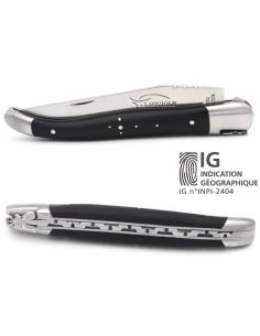 Laguiole-Messer mit Label Geografische Angabe, 12 cm Griff aus Hornspitze (dunkel), einzelne Klinge, mattes Edelstahl-Finish