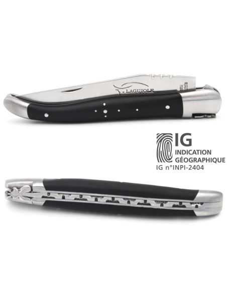 Laguiole knife with Geographical Indication label, 12 cm dark horn tip handle, blade only, matt stainless steel finish