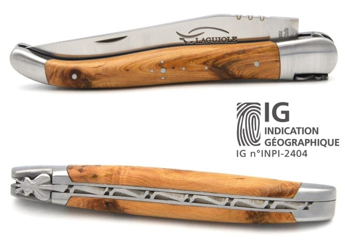 Laguiole knife with Geographical Indication label, 12 cm juniper wood handle, blade only, matt stainless steel finish
