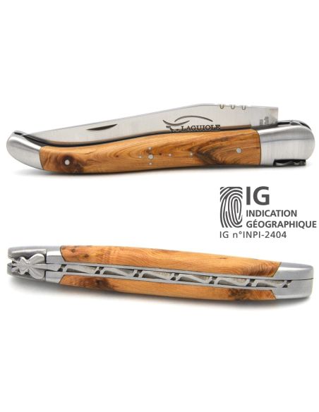 Couteau de Laguiole labellisé indication géographique en genévrier, manche de 12 cm, lame seule, finition inox mat