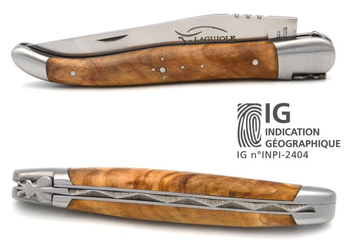 Laguiole-Messer mit Label Geografische Angabe, 12 cm Griff aus Olivenholz, einzelne Klinge, mattes Edelstahl-Finish