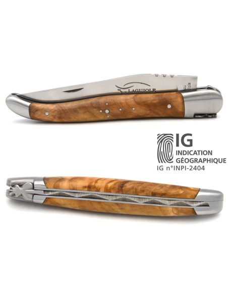 Laguiole-Messer mit Label Geografische Angabe, 12 cm Griff aus Olivenholz, einzelne Klinge, mattes Edelstahl-Finish