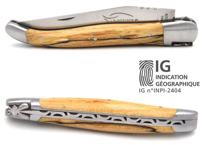 Laguiole-Messer mit Label Geografische Angabe, 12 cm Griff aus Aubrac-Buchenholz, einzelne Klinge, mattes Edelstahl-Finish