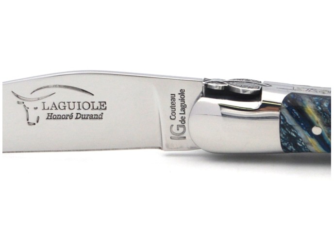 Couteau de Laguiole labellisé IG en molaire de mammouth bleue