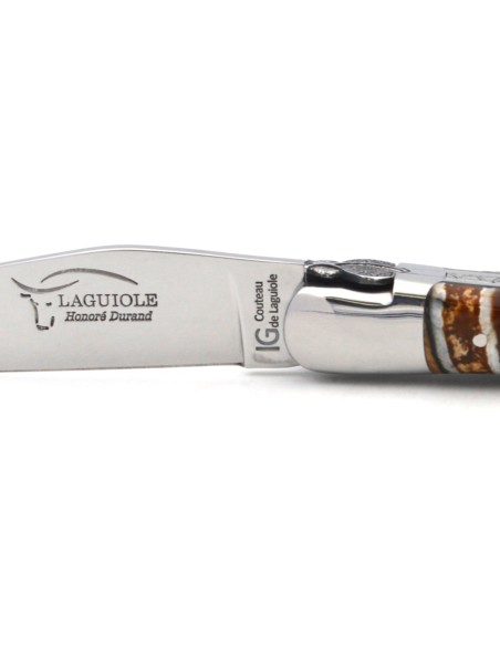 Laguiole-Messer mit Label Geografische Angabe, 12 cm Griff aus braunem Mammutstoßzahn, Biene und Feder mit Meißel gemeißelt