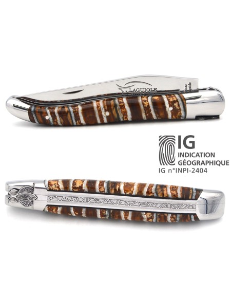 Couteau de Laguiole labellisé indication géographique en molaire de mammouth marron, abeille et ressort ciselés au burin