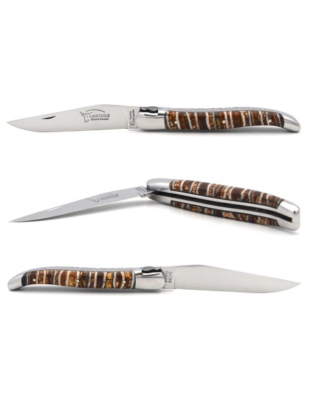 Laguiole knife with Geographical Indication label, 12 cm brown mammoth molar handle, chiseled bee and spring, matt finish