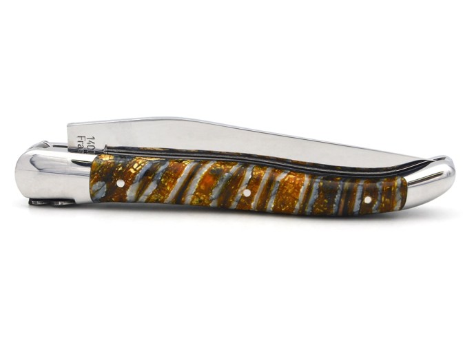 Laguiole knife with Geographical Indication label, 12 cm yellow mammoth molar handle, chiseled bee and spring, matt finish