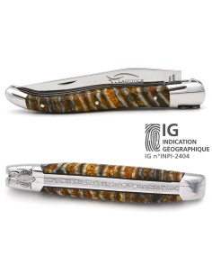 Laguiole-Messer mit Label Geografische Angabe, 12 cm Griff aus gelbem Mammutstoßzahn, Biene und Feder mit Meißel gemeißelt