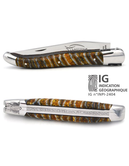 Couteau de Laguiole labellisé indication géographique en molaire de mammouth jaune, abeille et ressort ciselés au burin