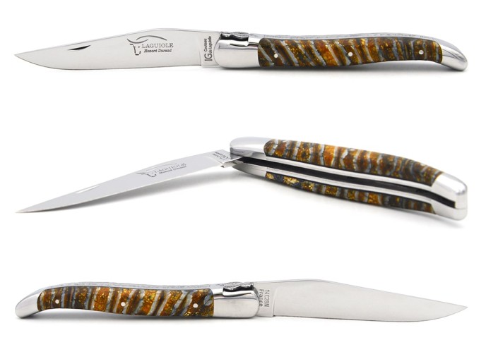 Laguiole knife with Geographical Indication label, 12 cm yellow mammoth molar handle, chiseled bee and spring, matt finish