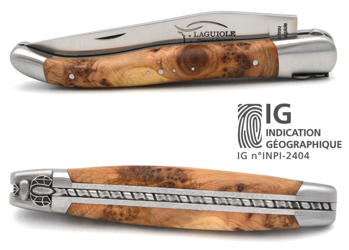 Laguiole-Messer mit Label Geografische Angabe, 12 cm Griff aus Wacholderholz, Biene und Doppleplatinen mit Stichel gemeißelt