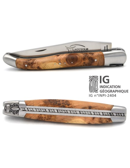 Laguiole-Messer mit Label Geografische Angabe, 12 cm Griff aus Wacholderholz, Biene und Doppleplatinen mit Stichel gemeißelt