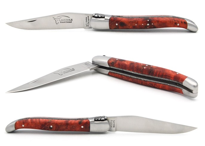 Laguiole-Messer mit Label Geografische Angabe, 12 cm Griff aus rot stabilisiertem Pappelholz, Biene und Feder gemeißelt