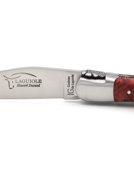 Laguiole knife with Geographical Indication label, 12 cm red stabilised poplar burr handle, chiselled bee and spring