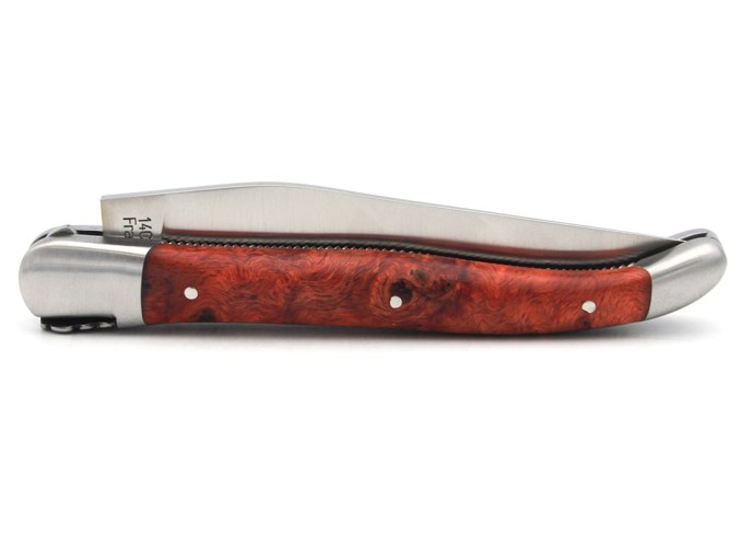 Laguiole-Messer mit Label Geografische Angabe, 12 cm Griff aus rot stabilisiertem Pappelholz, Biene und Feder gemeißelt