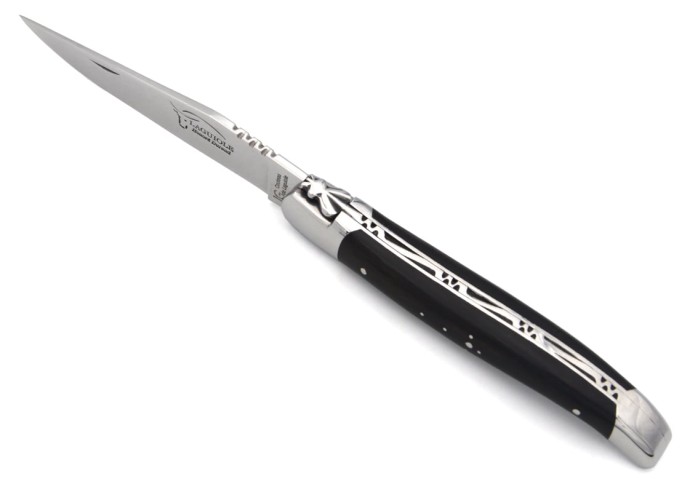 Laguiole-Messer mit Label Geografische Angabe, 12 cm Griff aus Ebenholz, einzelne Klinge, glänzende Edelstahl-Finish