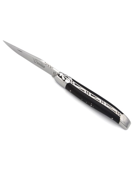 Laguiole knife with Geographical Indication label, 12 cm ebony wood handle, blade only, shiny stainless steel finish