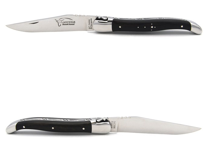 Laguiole knife with Geographical Indication label, 12 cm ebony wood handle, blade only, shiny stainless steel finish