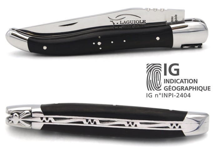 Laguiole-Messer mit Label Geografische Angabe, 12 cm Griff aus Ebenholz, einzelne Klinge, glänzende Edelstahl-Finish