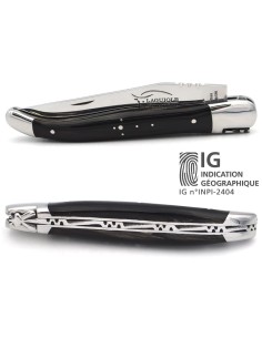 Laguiole-Messer mit Label Geografische Angabe, 12 cm Griff aus Hornspitze (dunkel), einzelne Klinge, glänzende Edelstahl-Finish