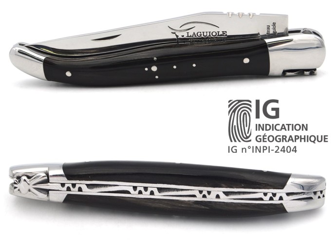 Laguiole-Messer mit Label Geografische Angabe, 12 cm Griff aus Hornspitze (dunkel), einzelne Klinge, glänzende Edelstahl-Finish