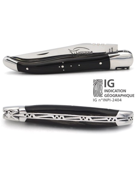 Laguiole knife with Geographical Indication label, 12 cm dark horn tip handle, blade only, shiny stainless steel finish