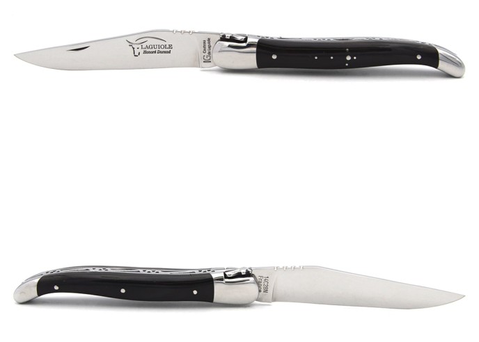Laguiole knife with Geographical Indication label, 12 cm dark horn tip handle, blade only, shiny stainless steel finish