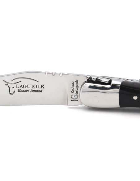Laguiole knife with Geographical Indication label, 12 cm dark horn tip handle, blade only, shiny stainless steel finish