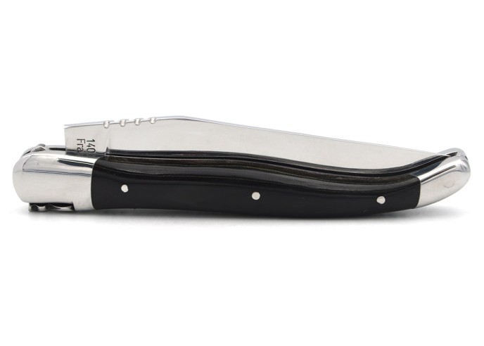 Laguiole knife with Geographical Indication label, 12 cm dark horn tip handle, blade only, shiny stainless steel finish