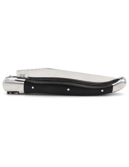 Laguiole knife with Geographical Indication label, 12 cm dark horn tip handle, blade only, shiny stainless steel finish