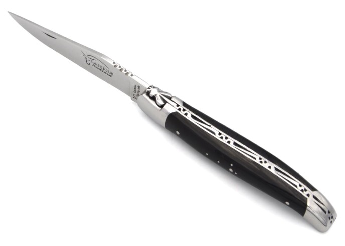 Laguiole knife with Geographical Indication label, 12 cm dark horn tip handle, blade only, shiny stainless steel finish
