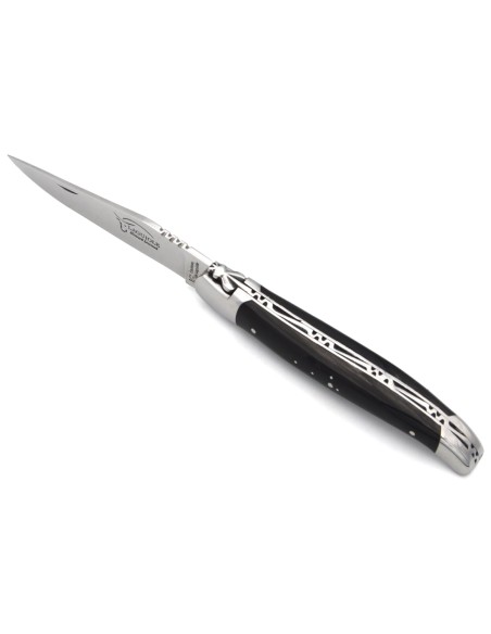 Laguiole-Messer mit Label Geografische Angabe, 12 cm Griff aus Hornspitze (dunkel), einzelne Klinge, glänzende Edelstahl-Finish