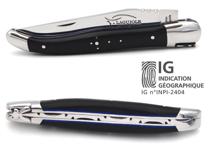 Laguiole with GI label, ebony wood & blue spacer handle, shiny