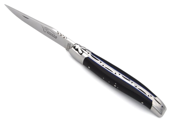 Laguiole with GI label, ebony wood & blue spacer handle, shiny