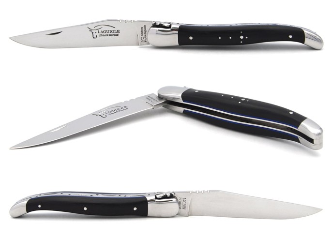 Laguiole with GI label, ebony wood & blue spacer handle, shiny