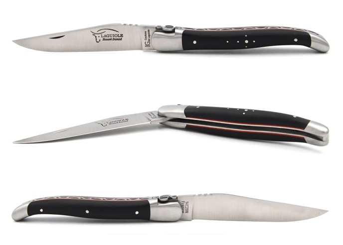 Laguiole with GI label, ebony wood & red spacer handle, shiny