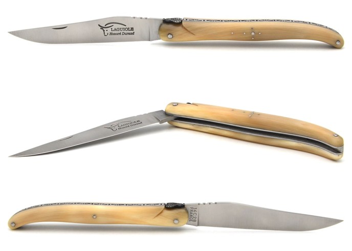 Laguiole bee and spring hand chiseled, full handle in pale horn tip