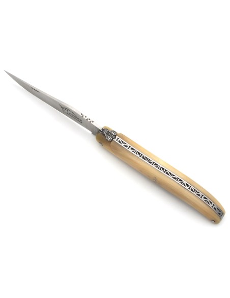 Laguiole bee and spring hand chiseled, full handle in pale horn tip