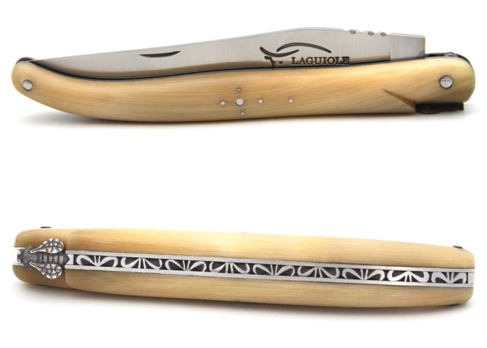 Laguiole bee and spring hand chiseled, full handle in pale horn tip