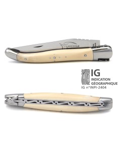 Couteau de Laguiole labellisé indication géographique en ivoire de mammouth blanc, manche de 12 cm, finition inox brillant