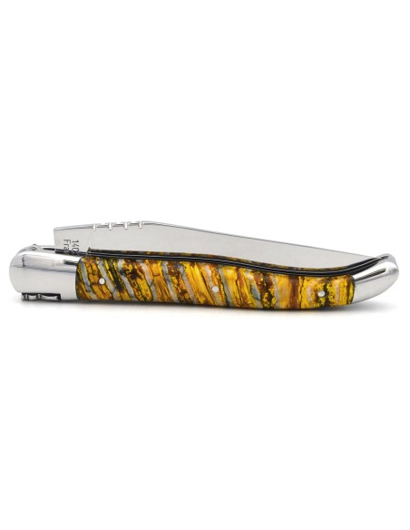 Couteau de Laguiole labellisé indication géographique en molaire de mammouth jaune, manche de 12 cm, lame seule, finition inox