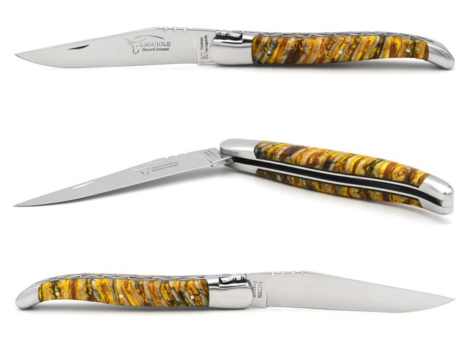 Couteau de Laguiole labellisé indication géographique en molaire de mammouth jaune, manche de 12 cm, lame seule, finition inox