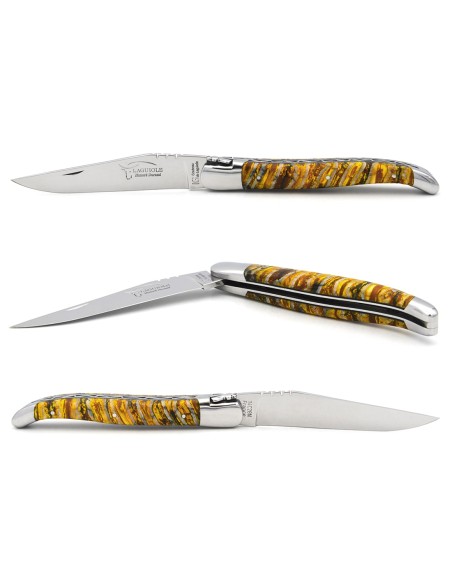 Couteau de Laguiole labellisé indication géographique en molaire de mammouth jaune, manche de 12 cm, lame seule, finition inox