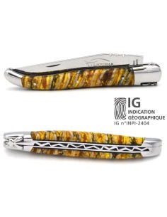 Couteau de Laguiole labellisé indication géographique en molaire de mammouth jaune, manche de 12 cm, lame seule, finition inox