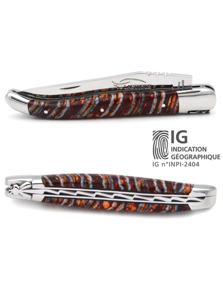 Couteau de Laguiole labellisé indication géographique en molaire de mammouth rouge, manche de 12 cm, lame seule, finition inox