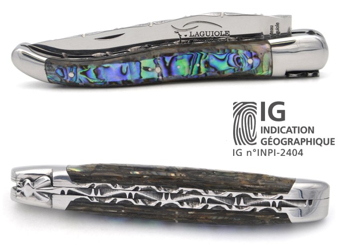 Laguiole 12 cm aus Seeohren, Doppelplatinen und Klingenrücken